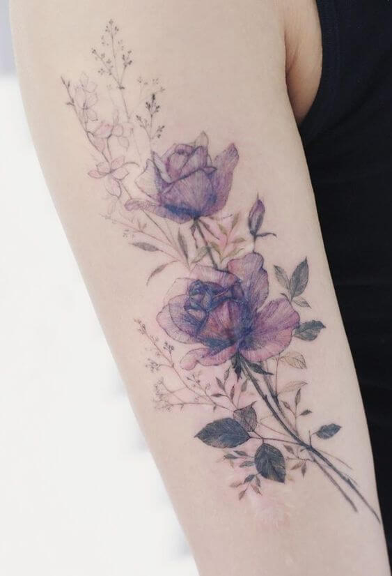 watercolor purple roses june birth flower tattoo design idea on upper arm for females