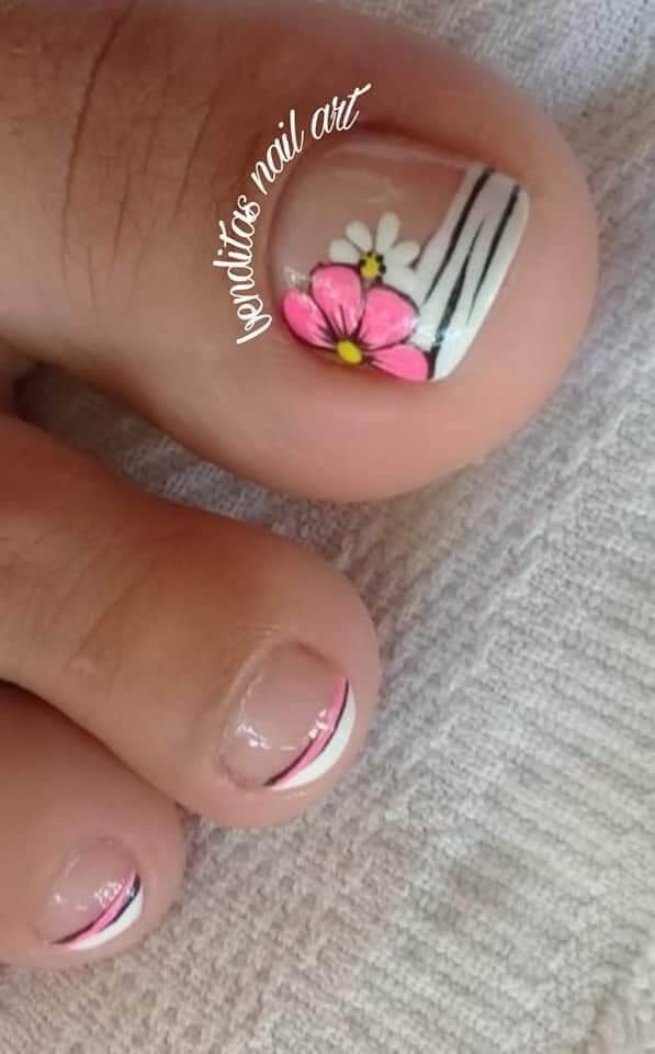 nude flowers with zebra print french tip toe nail art designs for summer