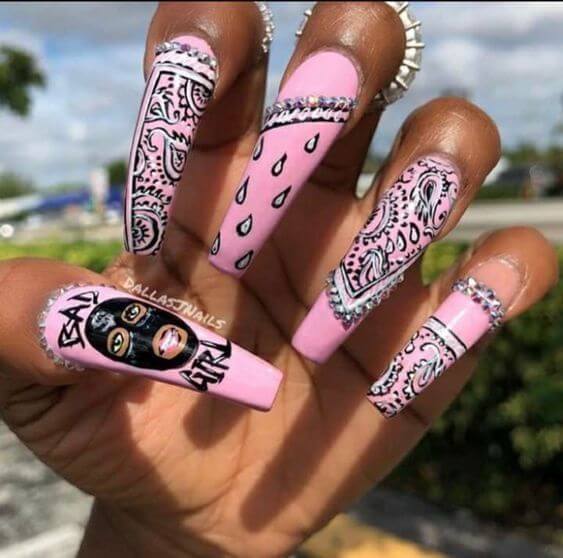 black and white african patterned on pink long square nail art designs idea for 2022