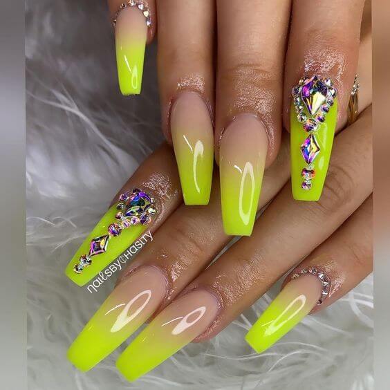 bejeweled neon highlighter green ombre acrylic nails art designs idea for 2022