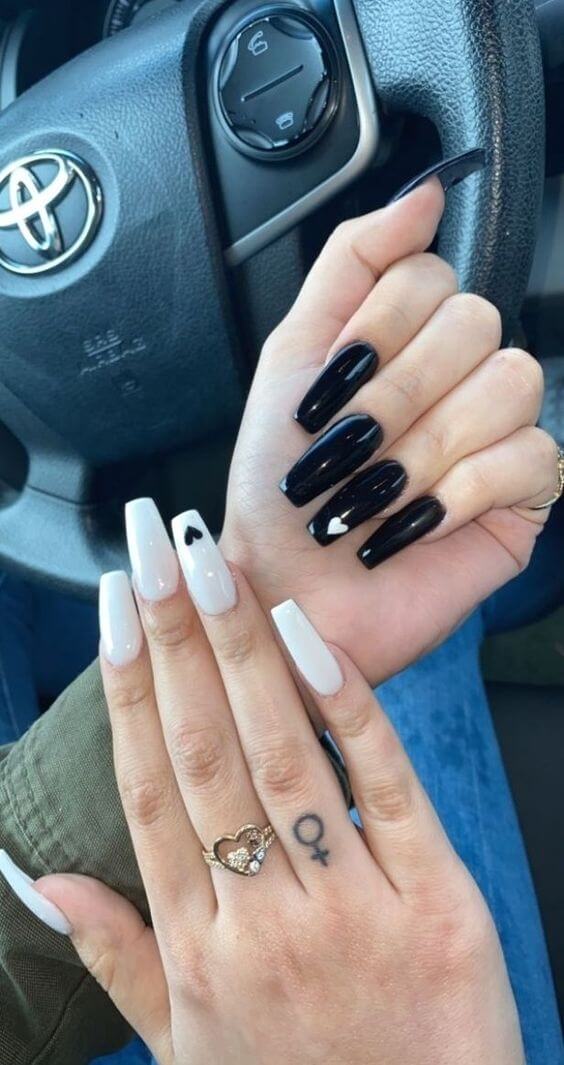 black and white with heart designs long square nail art idea for 2022