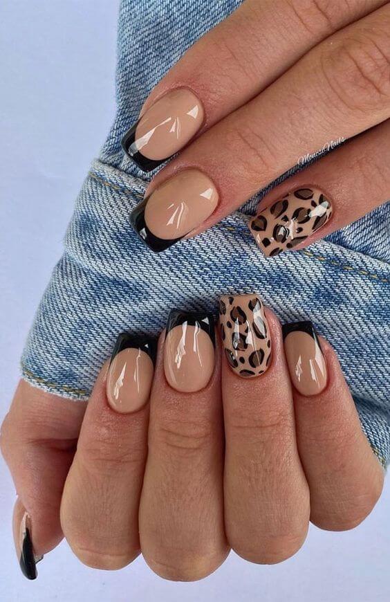 cheetah print nude with black french tip nail art designs idea for 2022