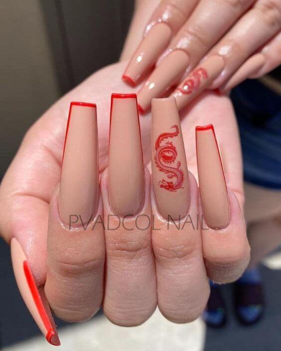 red outline with beige and chinese dragon design long square nail art idea for 2022