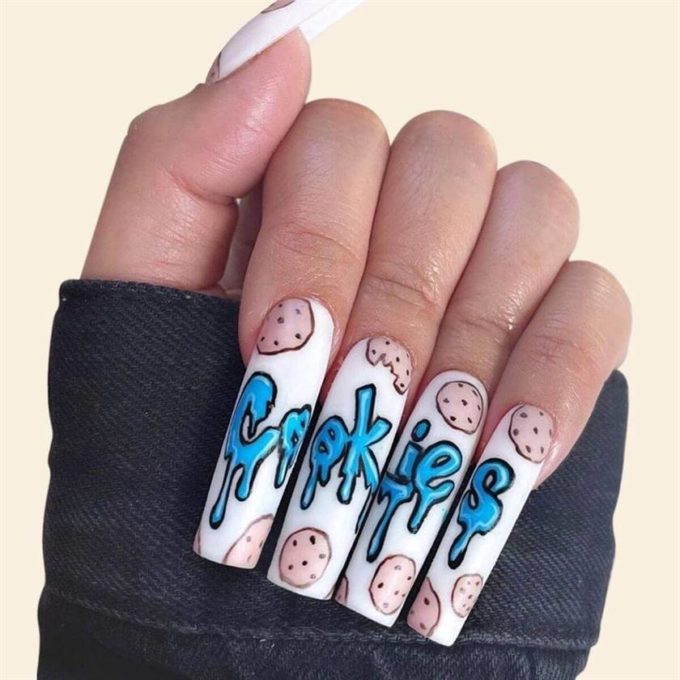 cookies drawing on white long square nail art designs idea for 2022