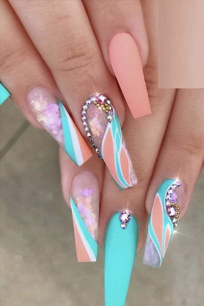 coral and teal mix with rhinestones long square nail art designs idea for 2022