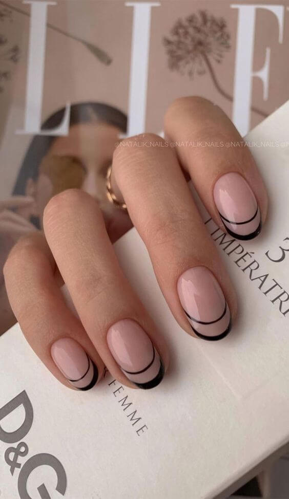 cute black double line french tip oval nail art designs idea for 2022