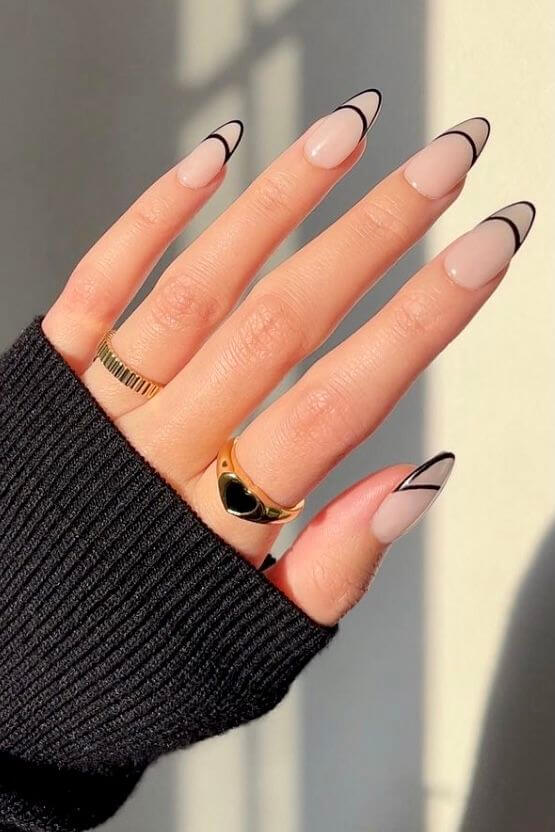 double line black french tip nude nail art designs idea for 2022