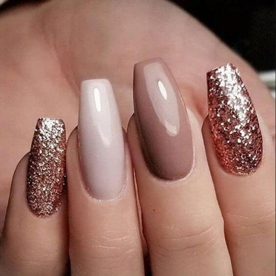 gold glittery and shades of nude nails art designs idea for 2022
