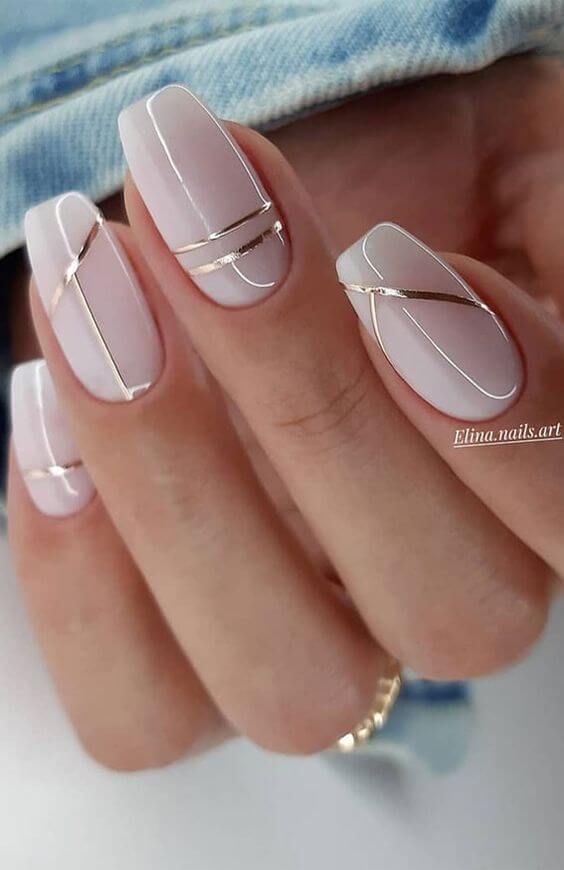 gold lines on nude nails art designs idea for 2022