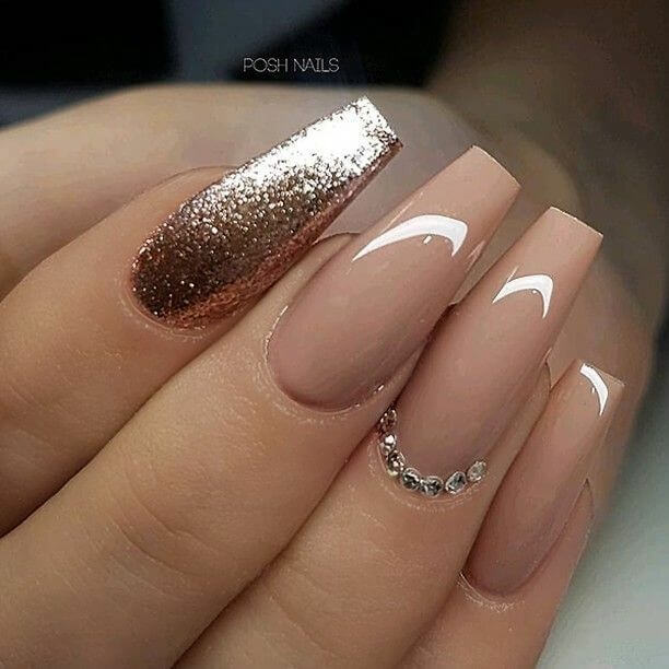 golden glitter and nude with rhinestones nails art designs idea for 2022 