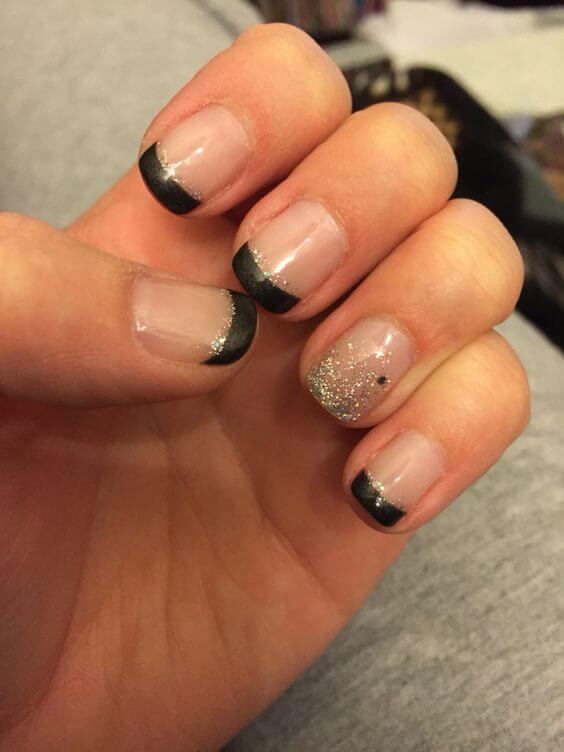 golden glitter with black french tip nail art designs idea for 2022