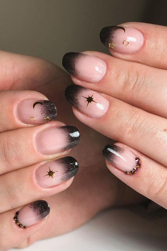 golden stars with moon and black ombre french tip nail art designs idea for 2022