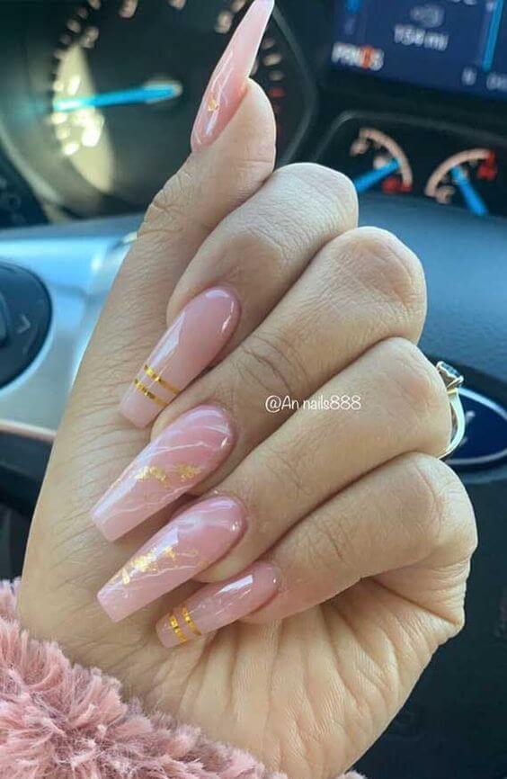 light pink marble with gold designs acrylic nails idea for 2022