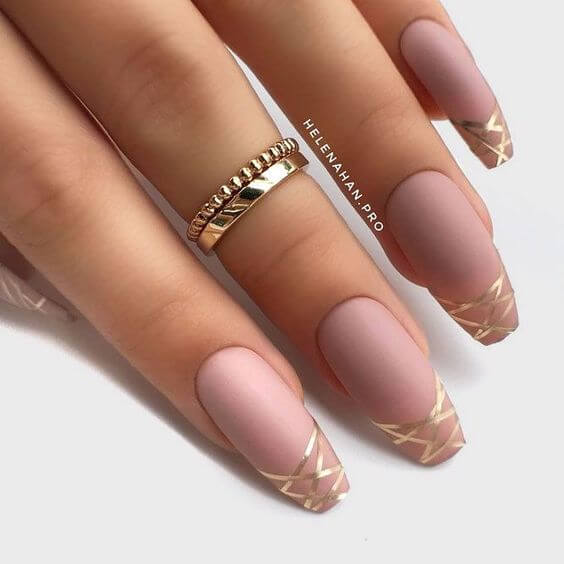 golden stripes on nude nails art designs idea for 2022