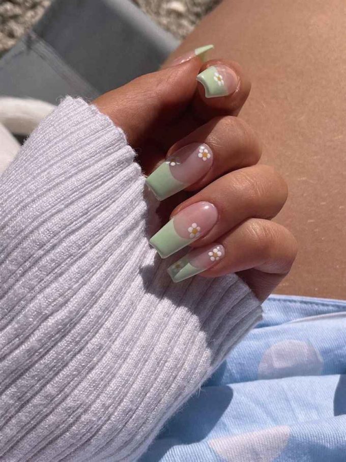 mint green french tip with nude flowers long square manicure idea for summer 2022