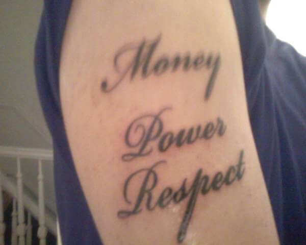 italic font money power respect tattoo design idea on shoulder for females