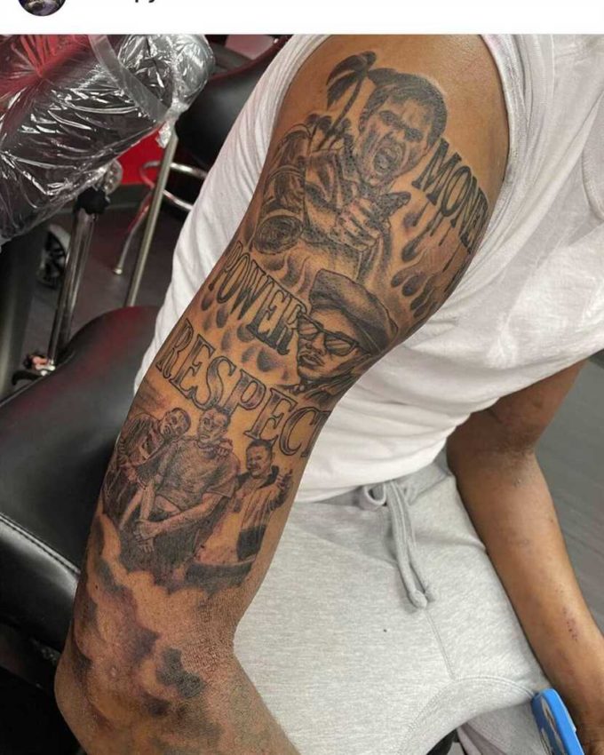 movie stickers with money power respect tattoo design idea on full sleeve for men