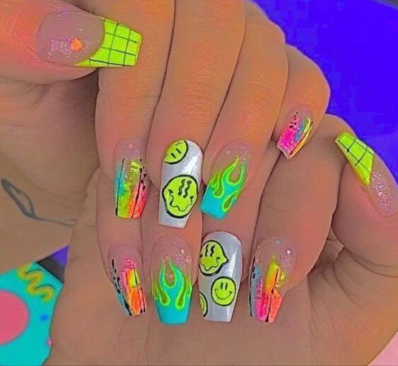 neon funky acrylic nails art designs idea for 2022