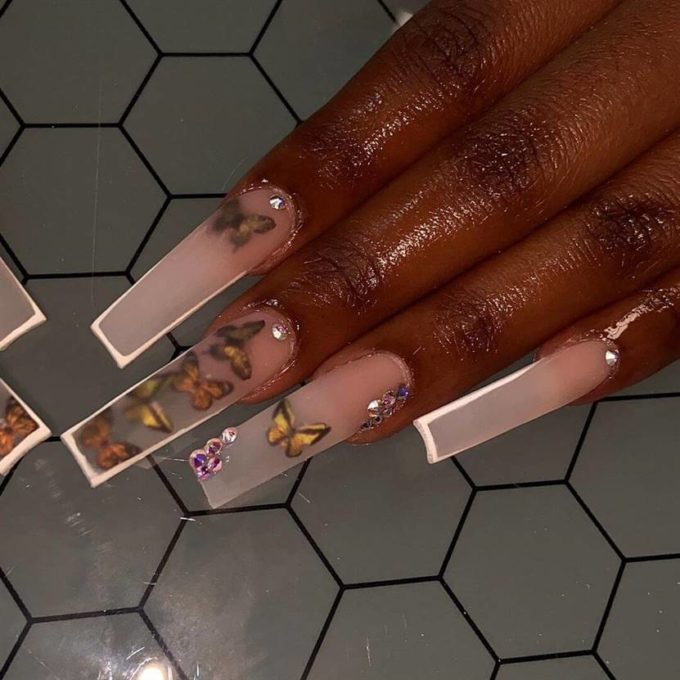 nude matte pink with butterflies and rhinestones long square nail art designs idea for 2022
