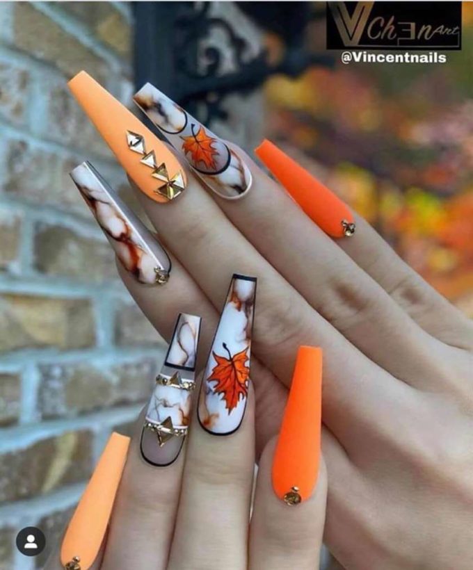 orange and marble fall-autumn long square nail art designs idea for 2022 