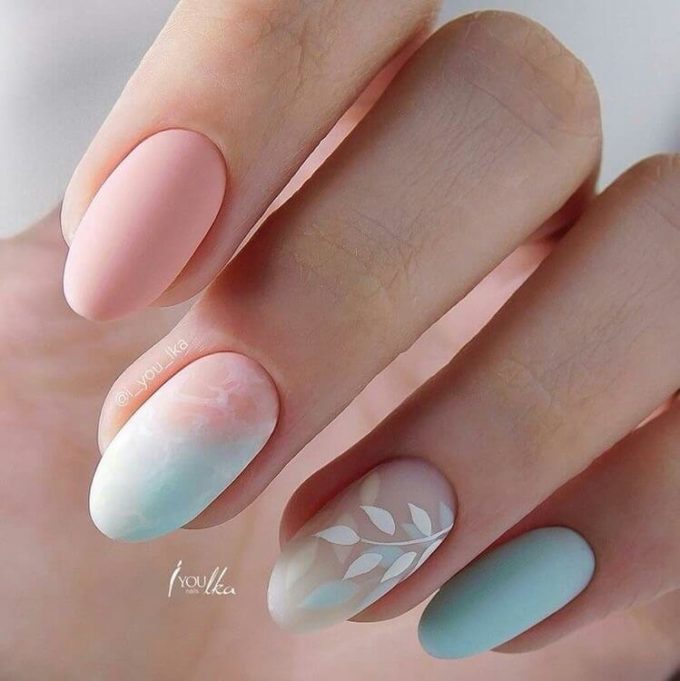 pink and baby blue with floral design oval nail art idea for spring summer 2022