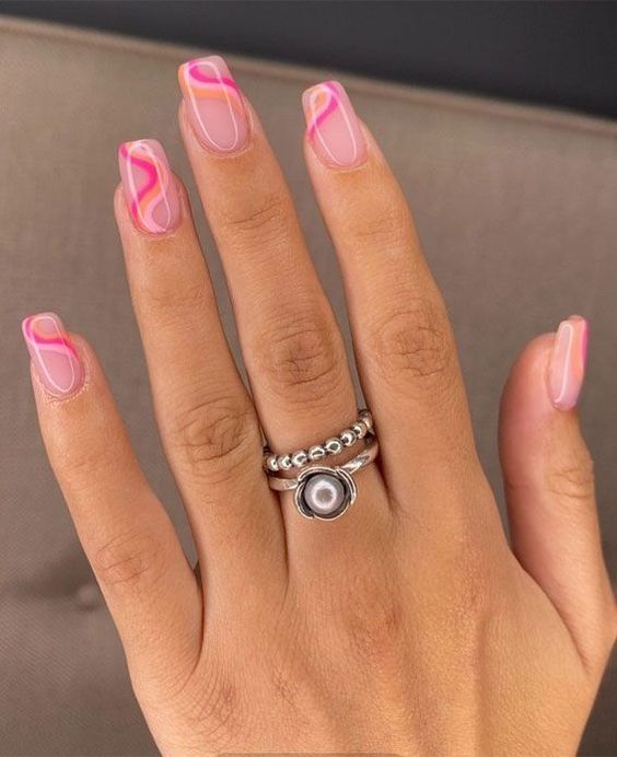 pretty pink swirly long square nail art designs idea for spring-summer 2022