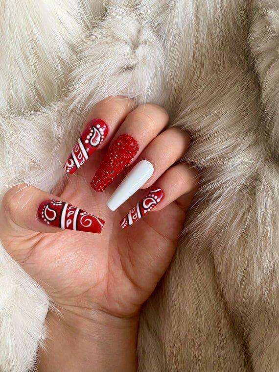 red and white long square nail art designs idea for christmas holidays 2022