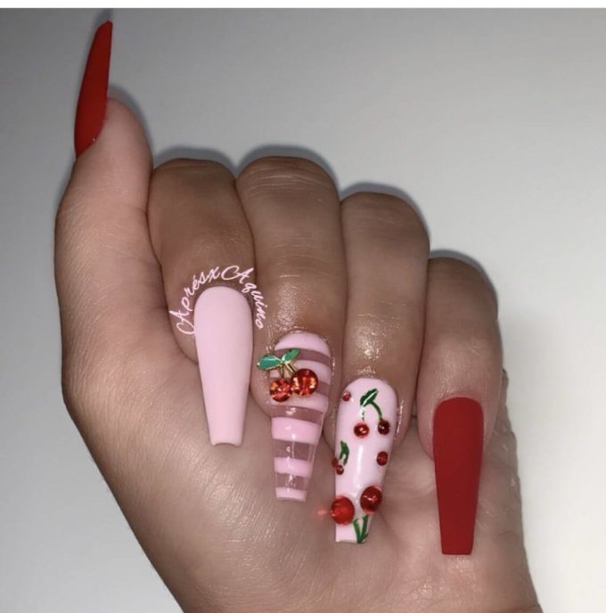 red cherries on light pink with stripes long square coffin nail art designs idea for 2022