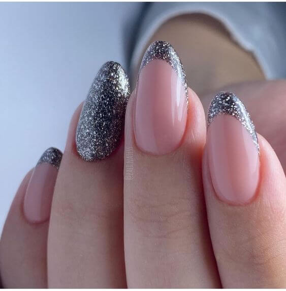silver glittery with light pink oval shaped nail art designs idea for 2022