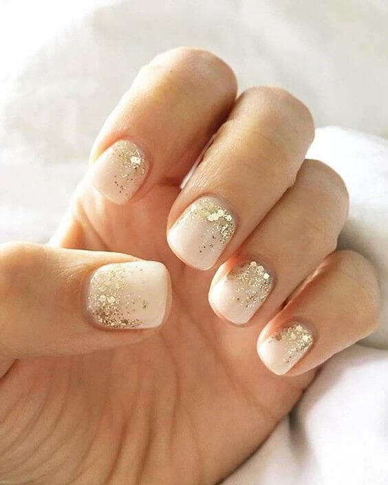 sparkly golden glitter on nude nails art designs idea for 2022