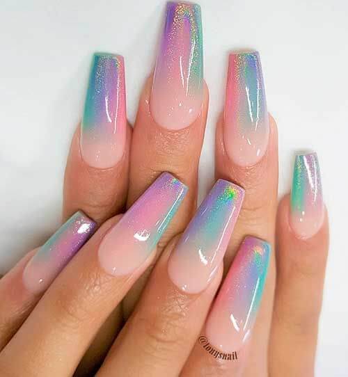 sparkly rainbow coffin acrylic nails art designs idea for 2022
