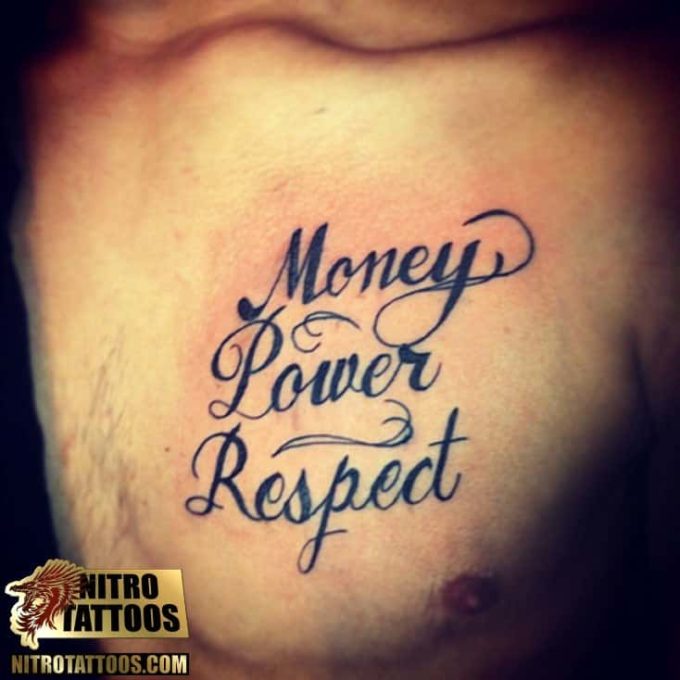 stylish money power respect tattoo design idea on left side of chest for men