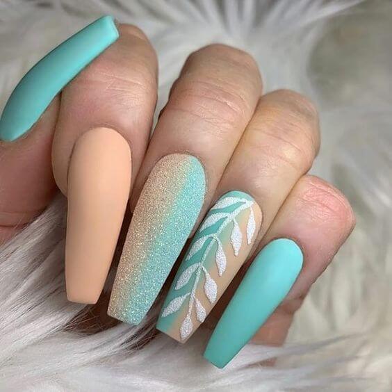 turquoise blue and beige designed acrylic nails art idea for 2022