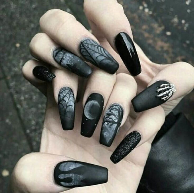 black matte dark night theme witch nails art designs idea