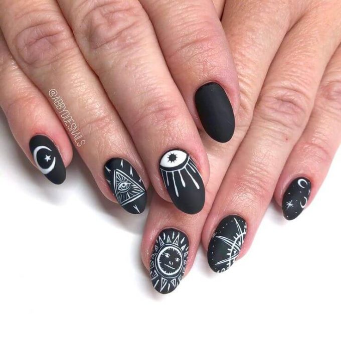 matte black magic symbols witch nail art designs idea