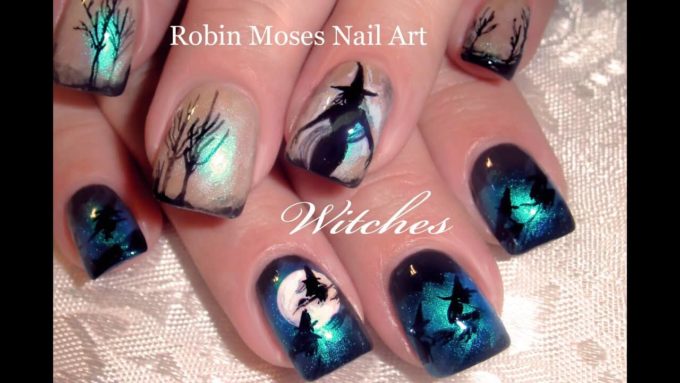 amazing dark night themed witch nail art designs idea