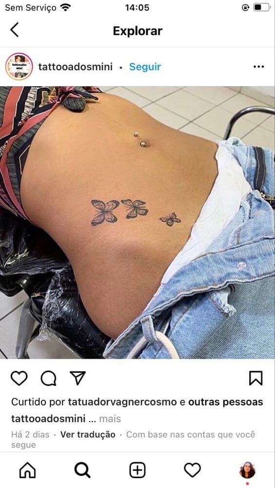 three flying butterflies v-line tattoo design idea for females
