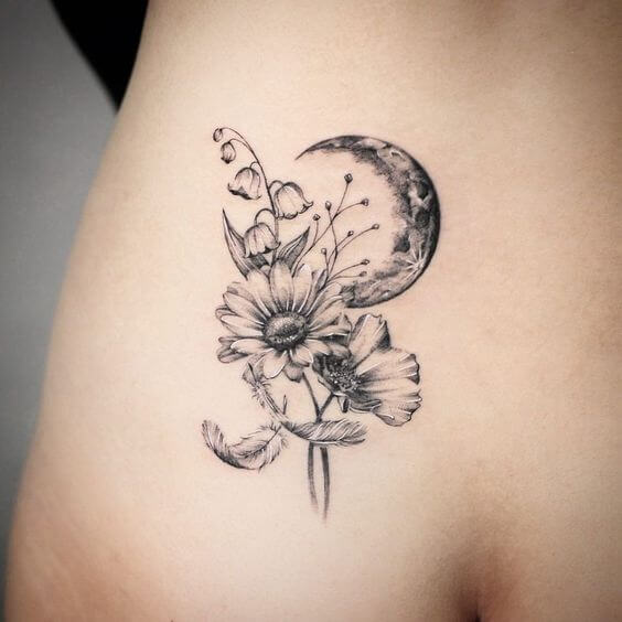 cresent moon with cosmos october birth flowers tattoo designs idea