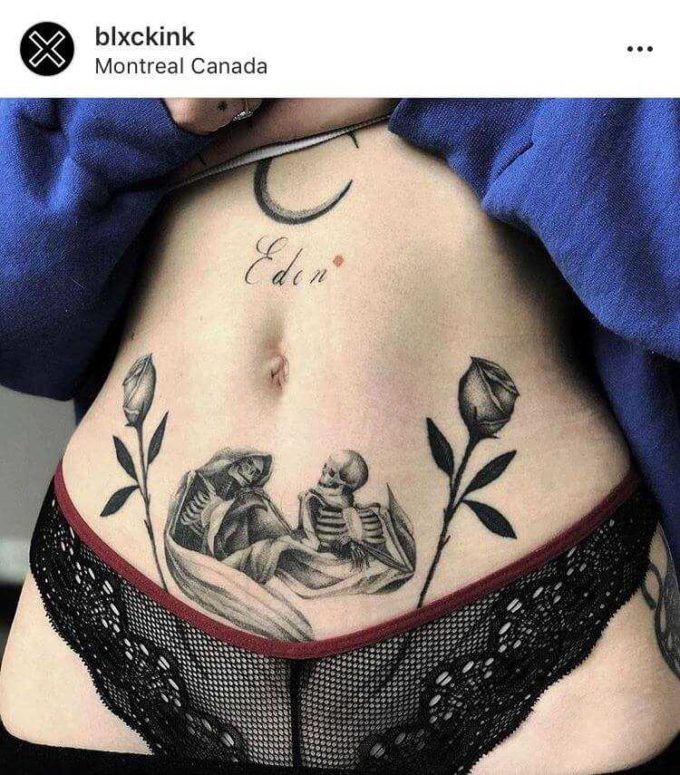 romantic skeleton couple with roses v-line tattoo design idea for females