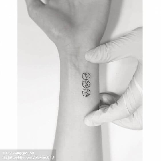 three photographs of minimal earth tattoos designs idea on wrist 