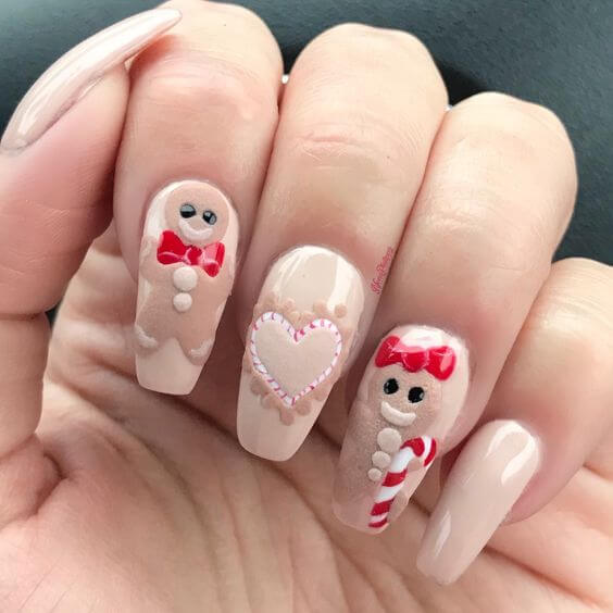 cute nude shades Mr. and Mrs. Gingerbread nails art designs idea for christmas holidays