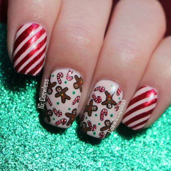 short square candy canes and gingerbread nails art designs idea for christmas holidays