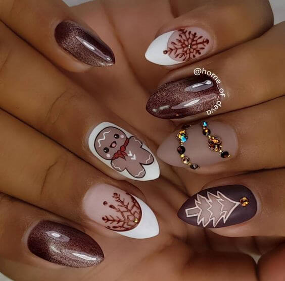white and brown color inspired christmas gingerbread nails art designs idea