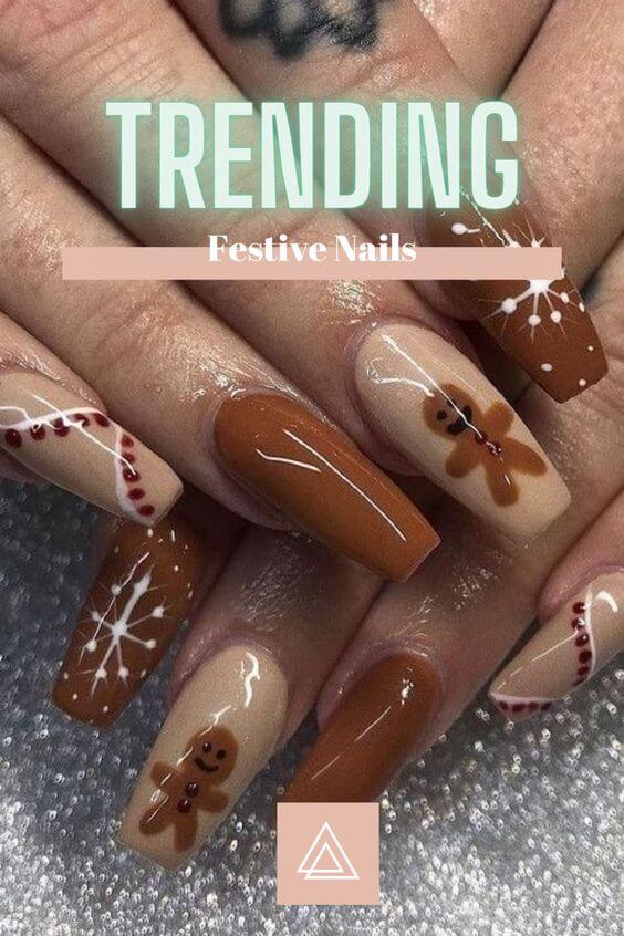 long square brown gingerbread nails art designs idea for christmas holidays