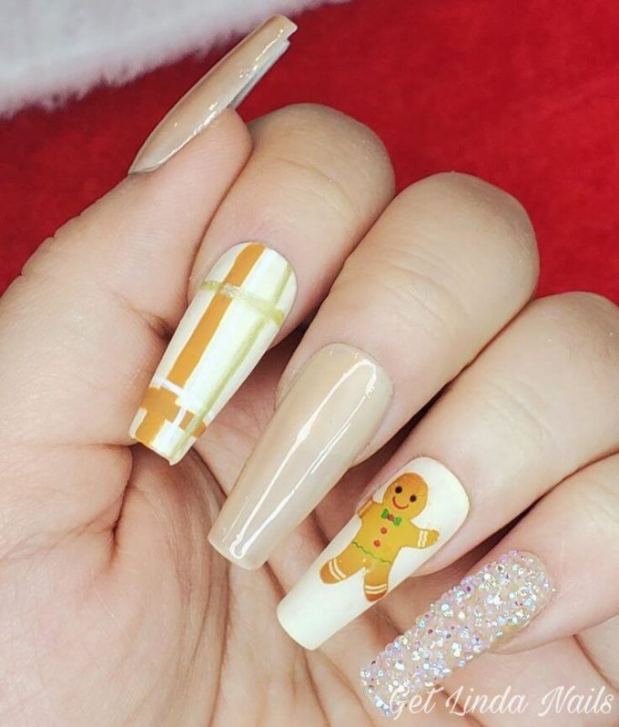 long square shaped with cappuccinos nude paint and gingerbread nails art designs idea