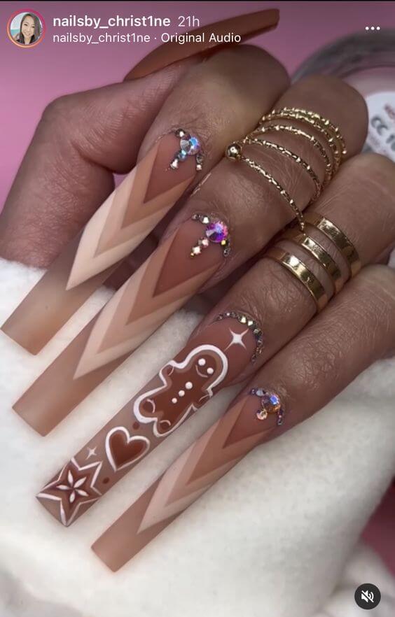 super long square shades of brown gingerbread nails art designs idea for christmas holidays