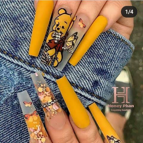 long square acrylic coffin nude and yellow butterflies with winnie the pooh nails art designs idea