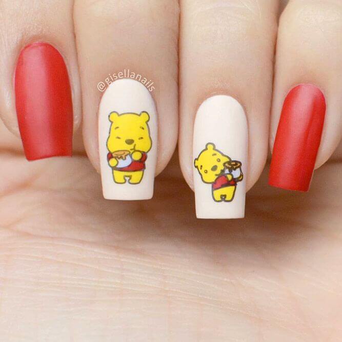 cute square red and white winnie the pooh nail art design idea