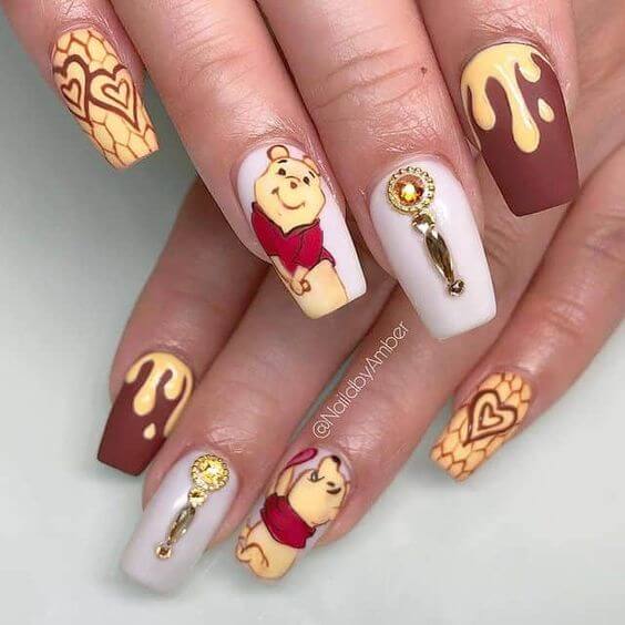 cute square matte winnie the pooh nails art designs idea