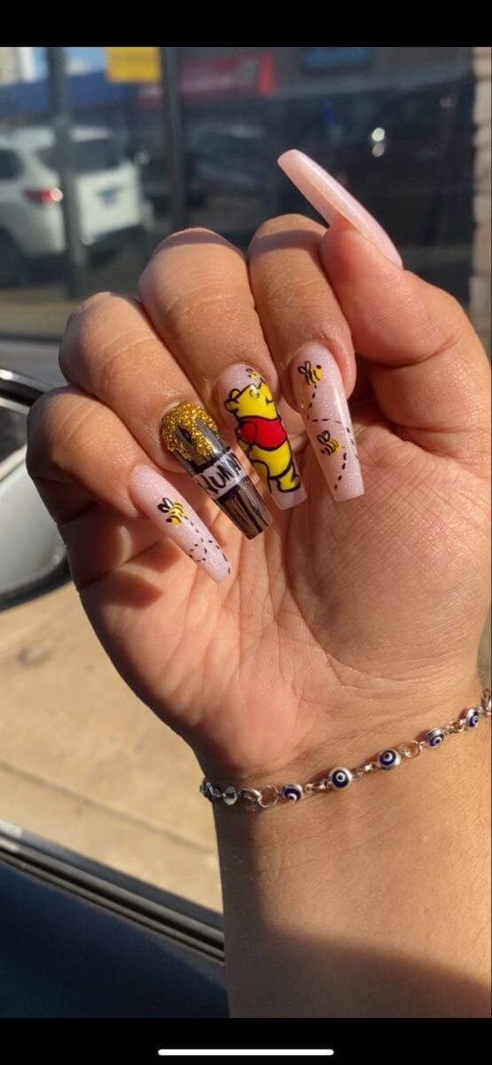 pretty long acrylic coffin winnie the pooh nail art design idea